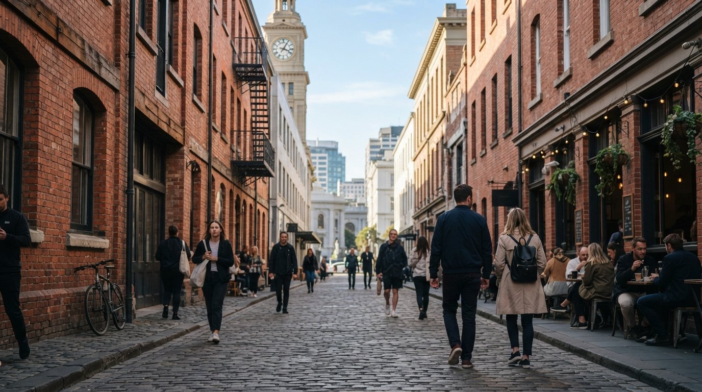 restored Victorian warehouse facades on Britomart’s cobbled lanes, exposed brick and old signage in soft morning light