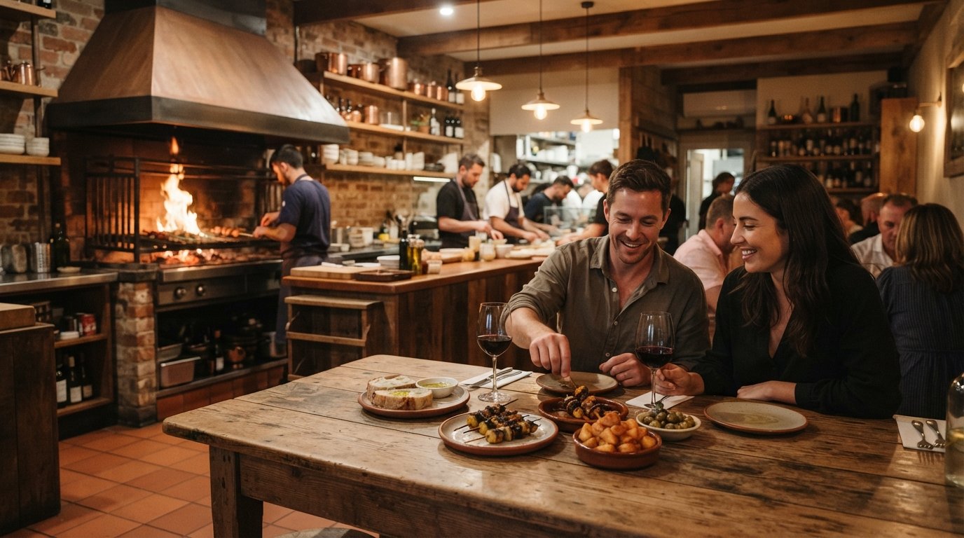 Alma’s open wood fire glowing in the dining room, charred skewers and small plates of Andalusian food on a warmly lit table