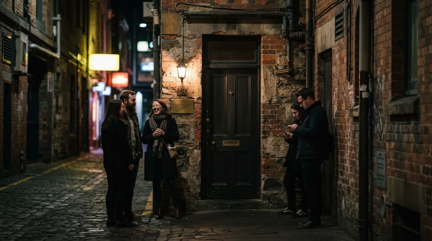 Caretaker’s moody Roukai Lane entrance at night, discreet doorway, low light and a small crowd gathering outside