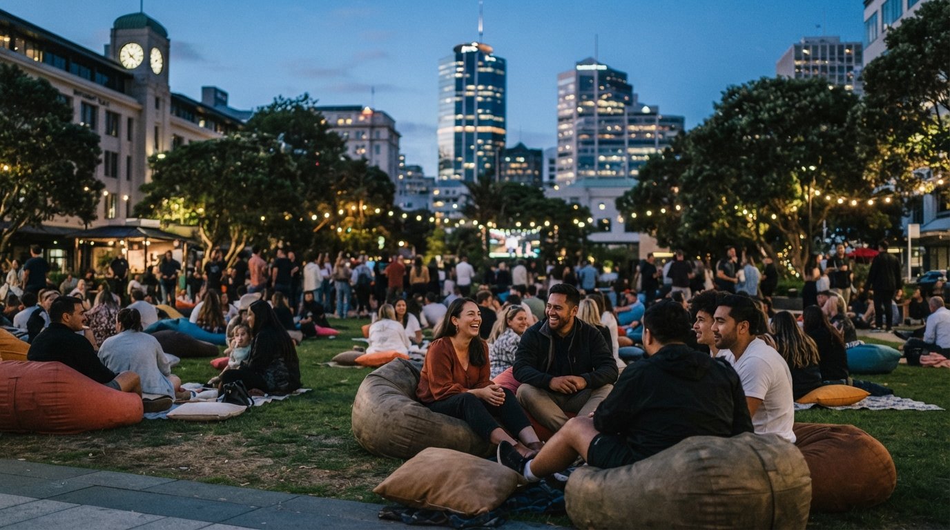Takutai Square at dusk with bean bags on the lawn, people gathered for an open-air summer event