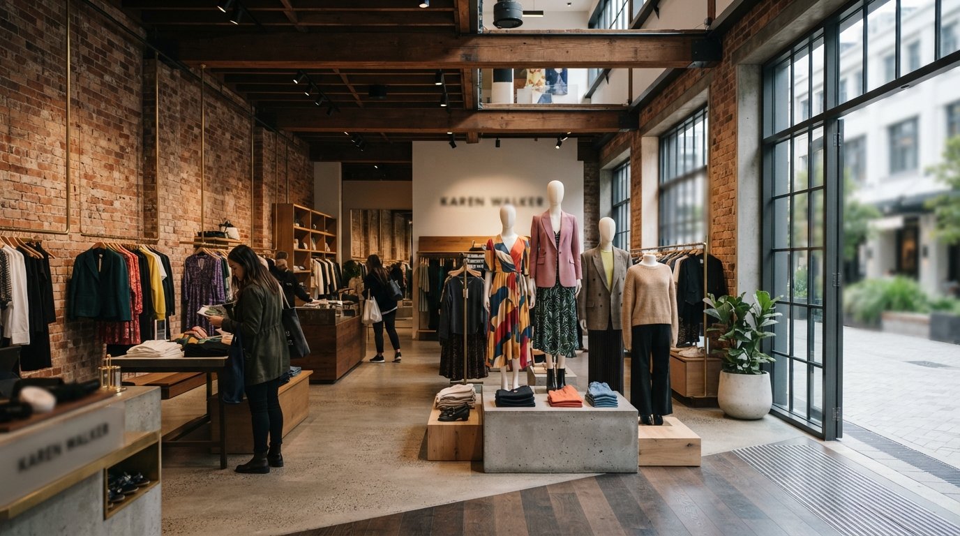 the Karen Walker flagship on the ground floor of Hotel Britomart, with fashion displays framed by heritage brick and timber
