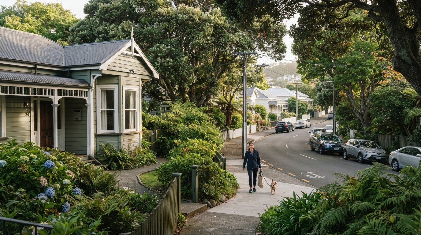 a Grey Lynn villa street with weatherboard houses, tree canopy and deep front gardens in soft morning light