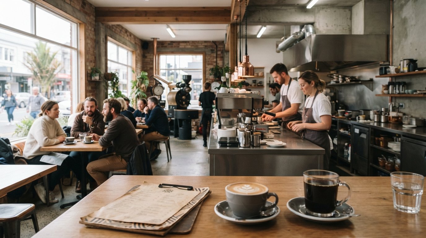 the airy interior of Ozone Coffee Roasters on Westmoreland Street West, with the central kitchen, wrapped seating and cups of coffee in the foreground