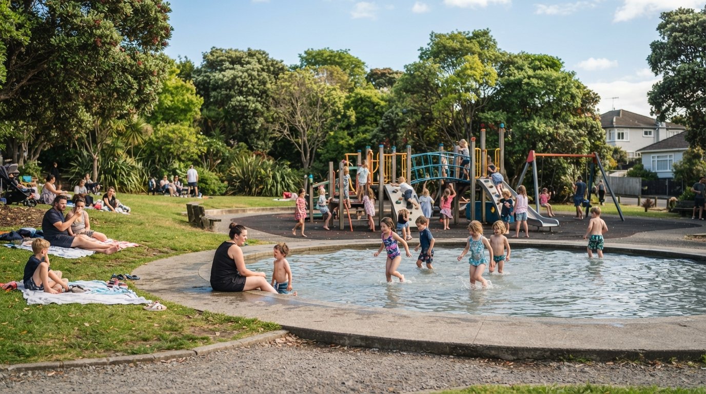 Grey Lynn Park on a summer afternoon, with the paddling pool, playground equipment and leafy edges of the park in frame