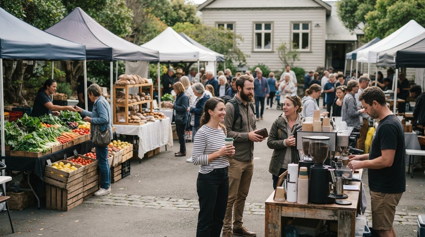 the Grey Lynn Farmers Market at the Grey Lynn Community Centre on a Sunday morning, with produce stalls, bread and people queuing for coffee
