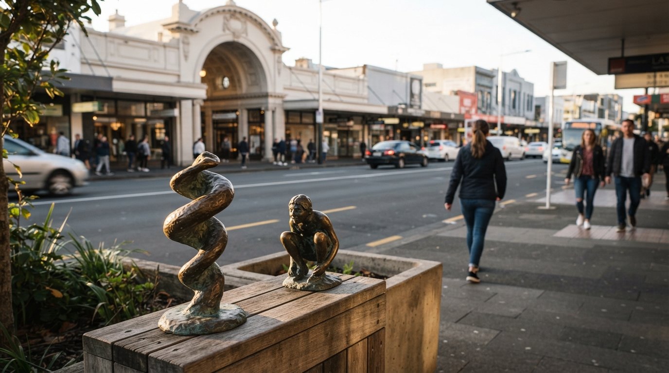 bronze Twist and Thief sculptures opposite St Kevin’s Arcade on Karangahape Road, low afternoon light catching the small public artworks and the street behind them