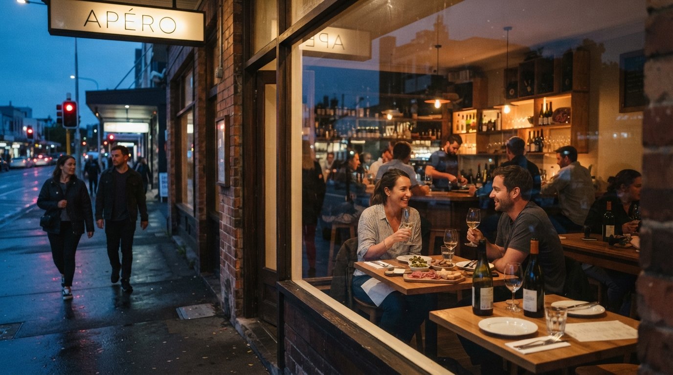 Apéro on Karangahape Road at dusk, warm interior light glowing through the windows with wine glasses and small plates on tables inside