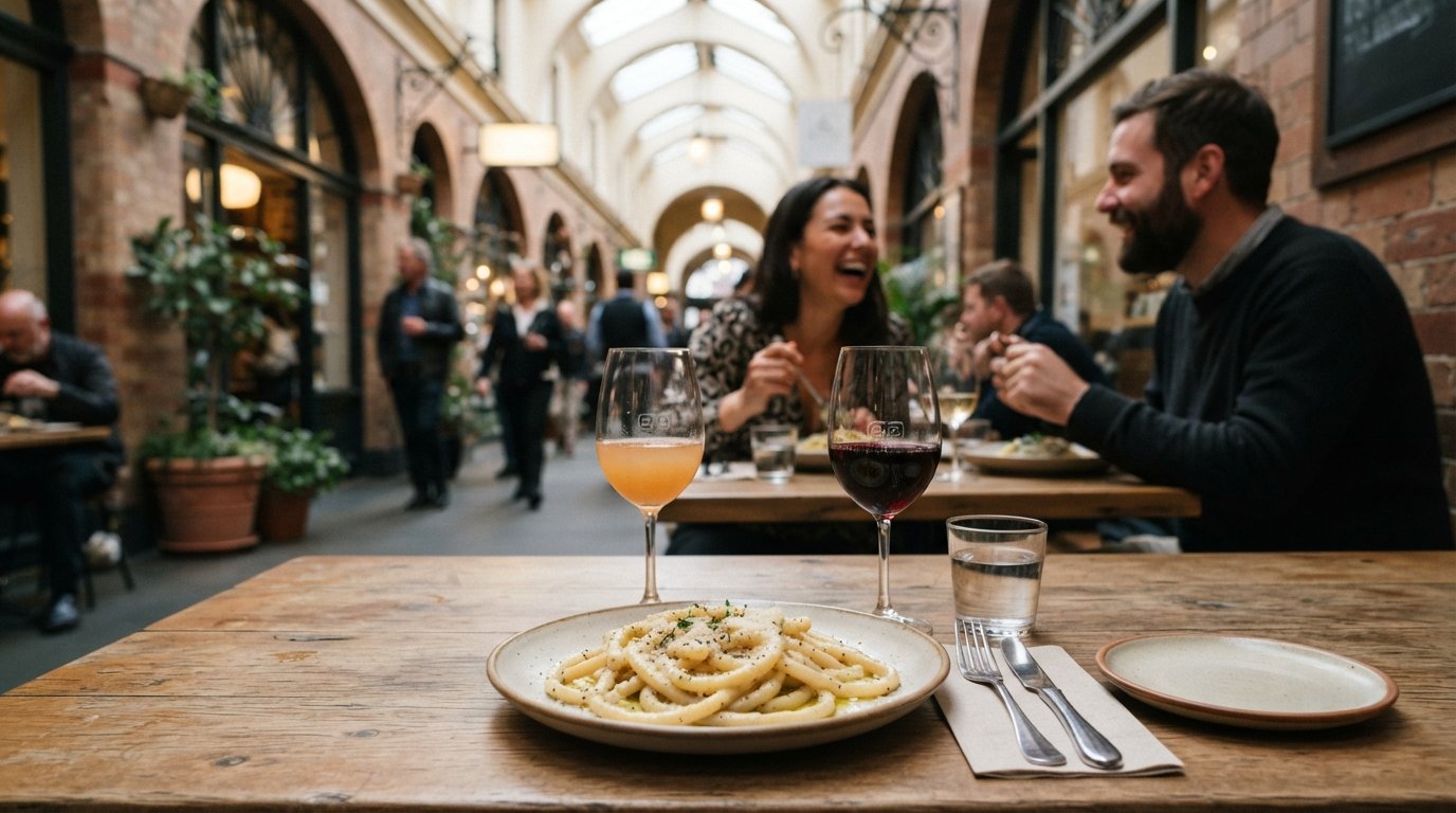 a plate of hand-rolled pasta at Pici in St Kevin’s Arcade, natural wine glasses and the arcade’s intimate interior framing the dish