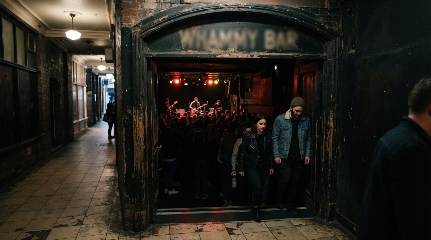 Whammy Bar in St Kevin’s Arcade, low basement stage lighting, dark crowd, and the arcade’s narrow entryway hinting at the underground room