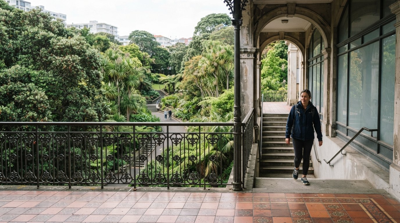 the entrance to Myers Park from St Kevin’s Arcade, leafy gully greenery dropping away below the arcade on a calm Auckland afternoon