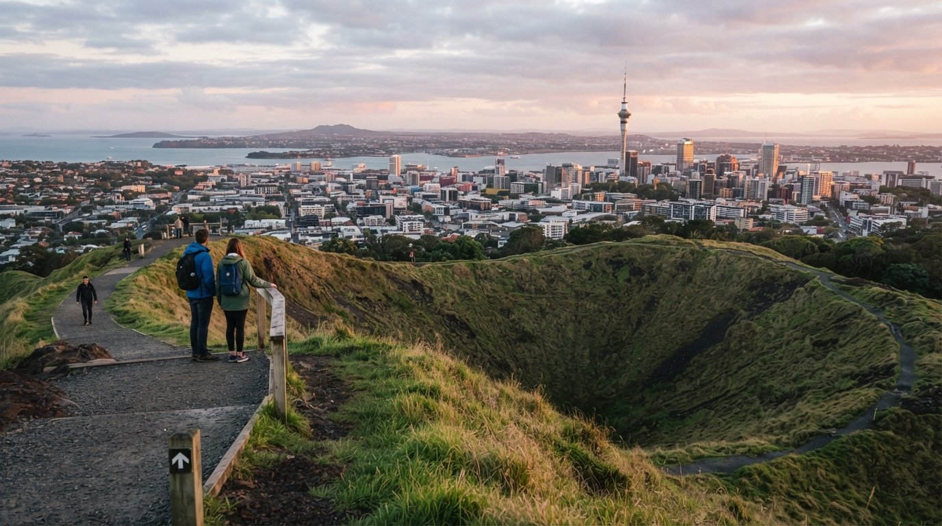 Mount Eden (Maungawhau), Auckland: the maunga and the meals below