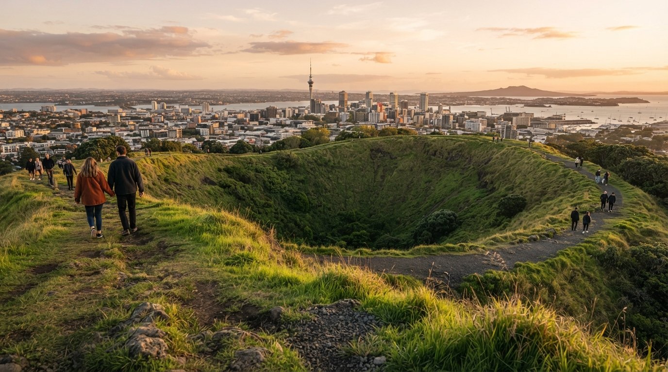 the grassy rim of Maungawhau / Mount Eden at golden hour, with the deep green crater bowl below and Auckland’s skyline and harbour spread out beyond