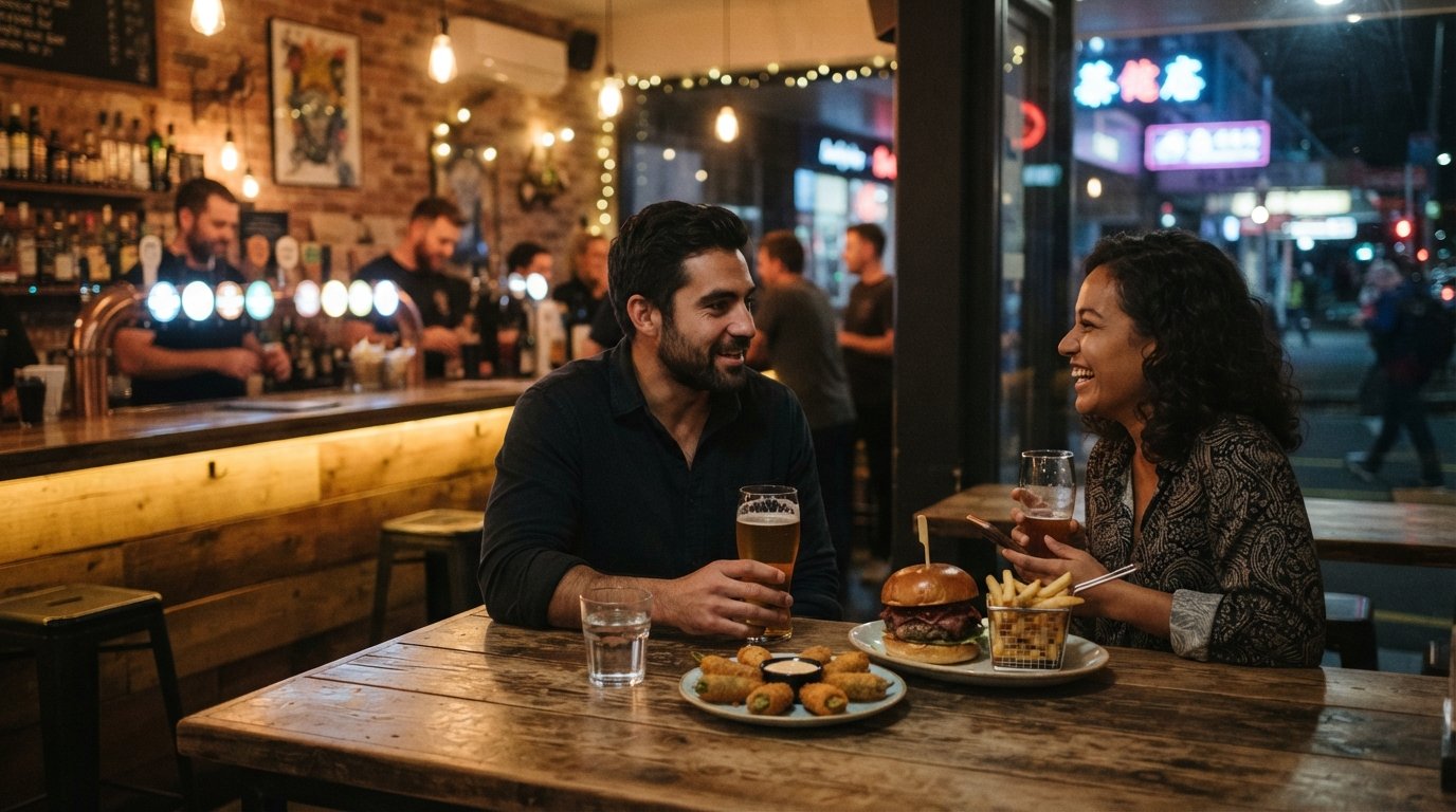 the cosy evening bar at Ralph’s on Dominion Road, craft beer taps glowing, a wagyu burger and jalapeño poppers on the table, street neon outside