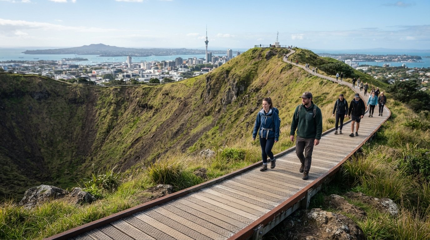 the summit track of Maungawhau / Mount Eden with walkers on the grassy rim and the volcanic crater opening beneath them under clear daylight