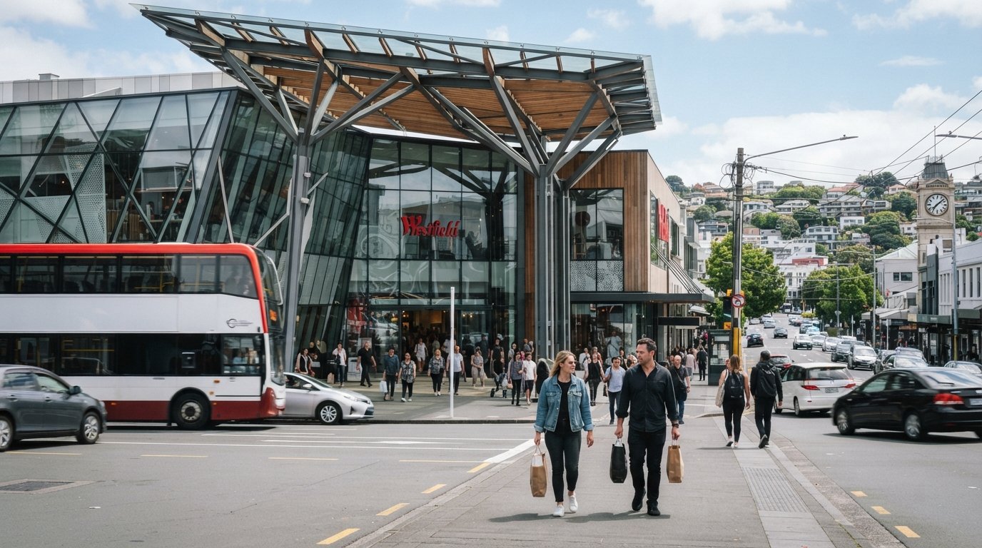 Westfield Newmarket’s glassy Broadway frontage at midday, shoppers entering beneath the mall’s broad canopy with buses and traffic moving past