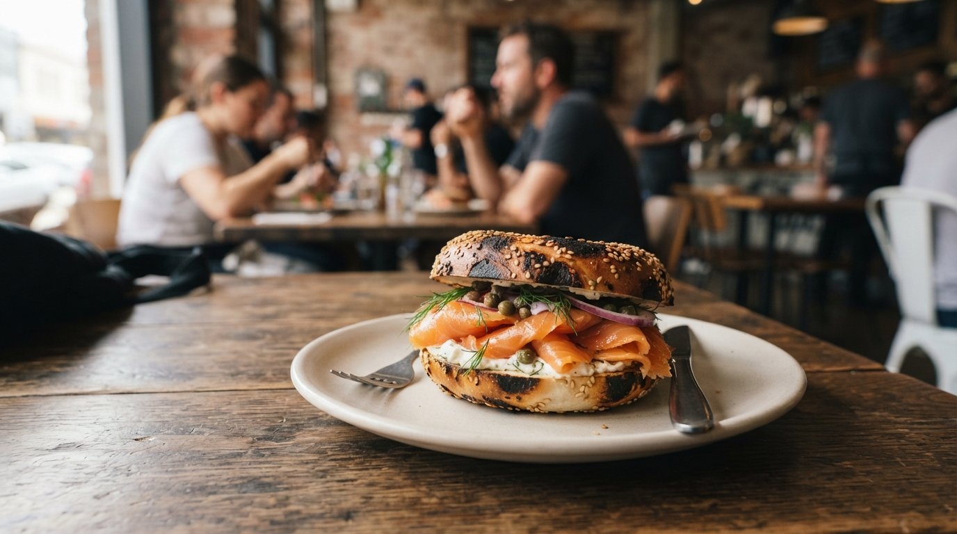 a hot-smoked King Salmon bagel from Best Ugly Bagels on York Street, wood-fired crust and glossy salmon filling on a simple plate