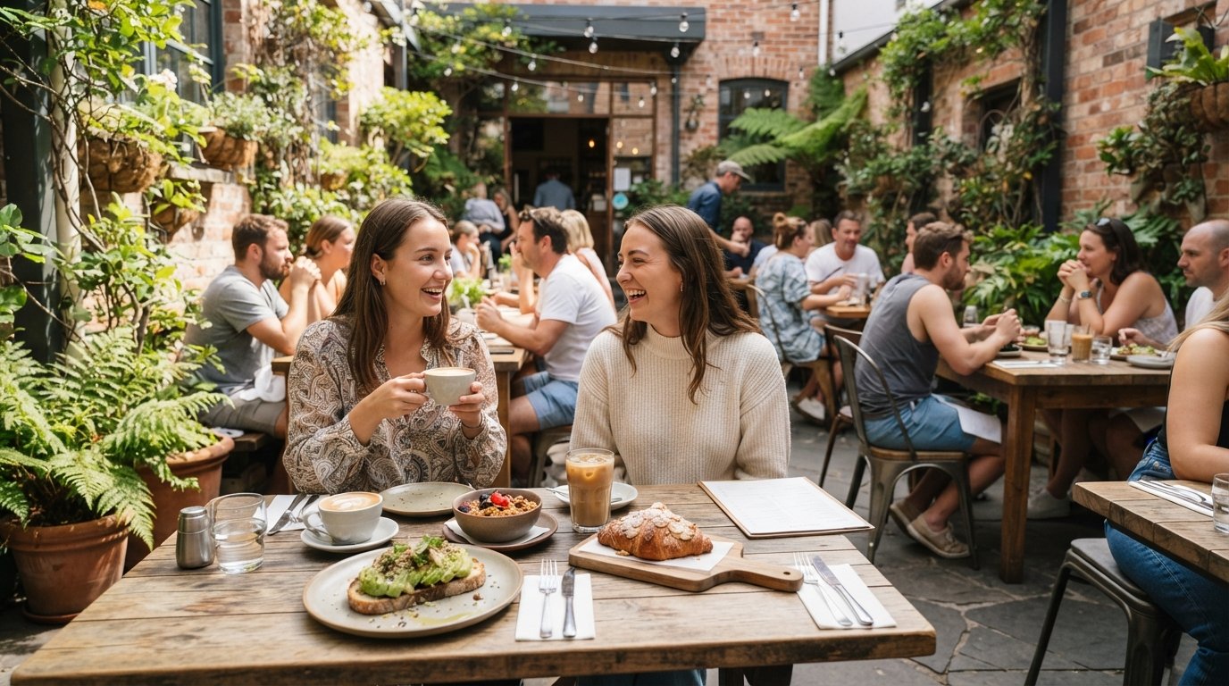 the sunny courtyard at Teed Street Larder, tables set for brunch with baked goods and morning light spilling across the patio