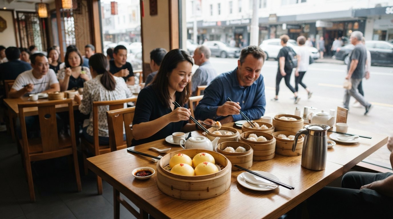 Pearl Garden on Teed Street during lunch service, bamboo steamers stacked on the table and golden custard buns in the foreground