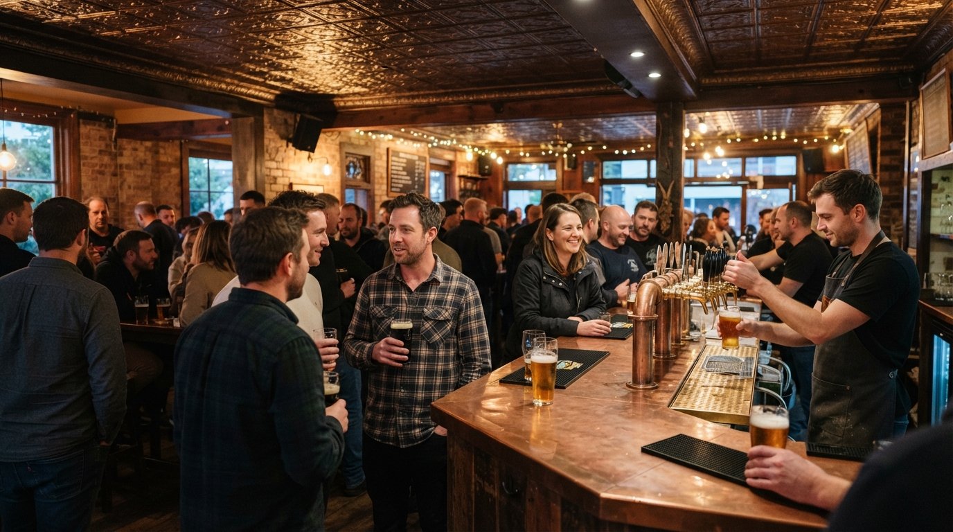 the warm, tin-ceilinged interior of The Lumsden Freehouse at dusk, pints on the bar and after-work crowd gathering around the taps