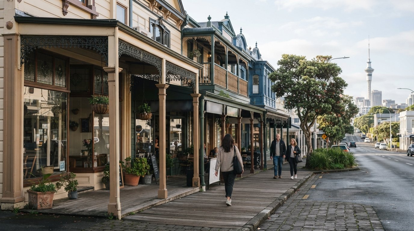 restored wooden shopfronts and verandahs along Parnell Road in soft morning light, with leafy street trees and a quiet ridge-top footpath