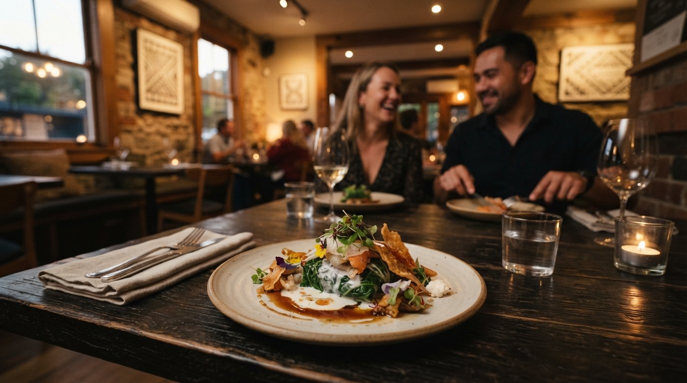 a plated tasting-menu dish at Tala in a small intimate dining room, warm lighting catching the textures of contemporary Samoan cuisine