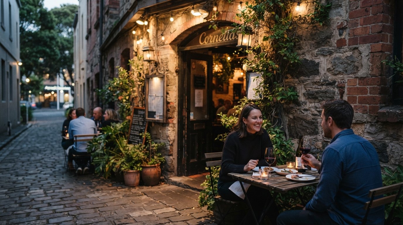 Cornelia’s laneway frontage off Parnell Road, with small tables, wine glasses and a narrow tucked-away entrance in evening light