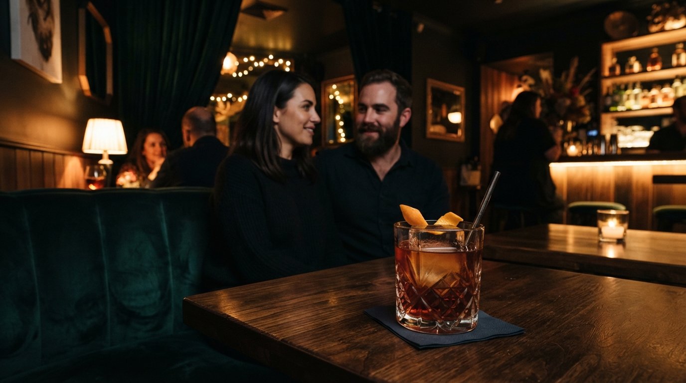 Pineapple on Parnell’s moody cocktail lounge interior, dark walls, velvet booths and low amber light around a rum cocktail