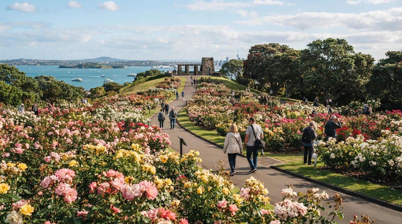the Parnell Rose Garden in full bloom at Dove-Myer Robinson Park, themed rose beds leading toward the Fred Ambler Lookout and harbour beyond