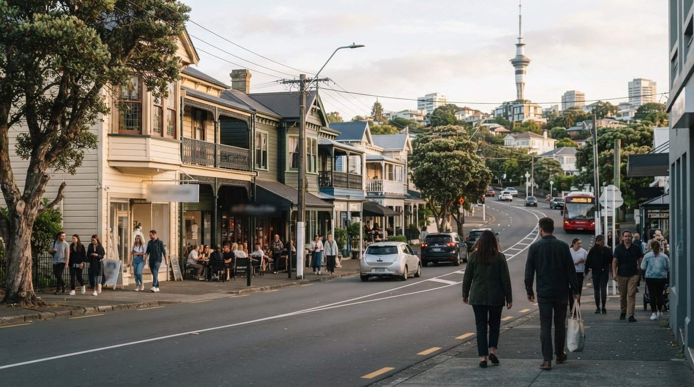 Ponsonby Road at late afternoon, restored timber villas turned restaurants and boutiques lining the ridge under soft Auckland light