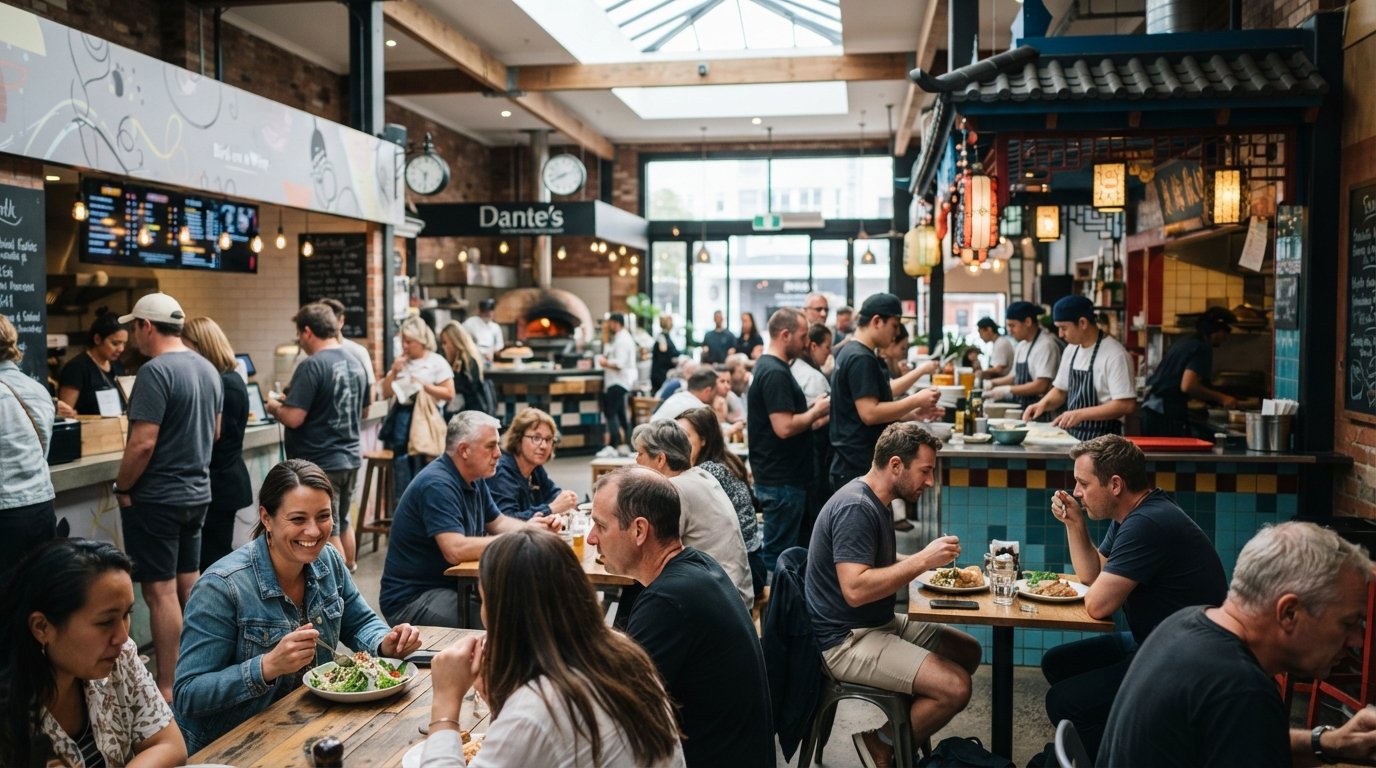 Ponsonby Central’s busy shared dining hall at lunch, people gathered around Bird on a Wire, The Blue Breeze Inn and Dante’s counters