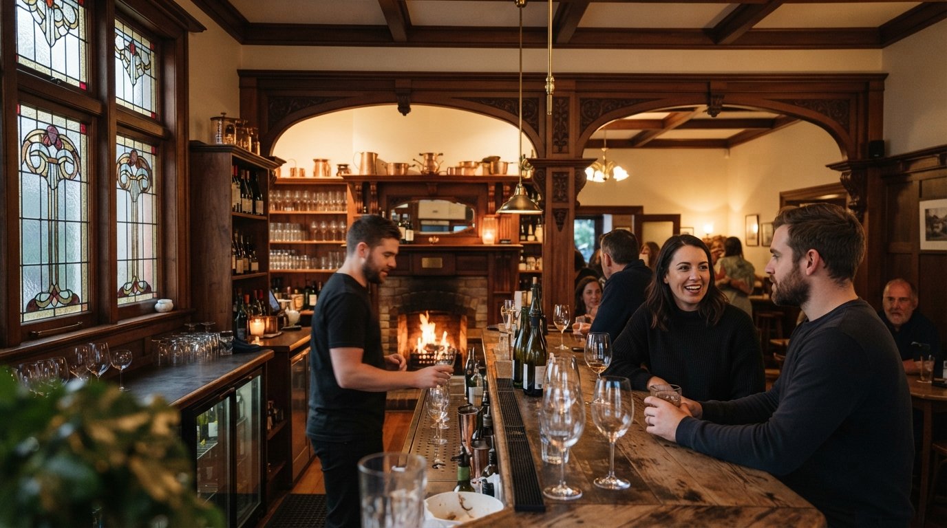 EST. 1901 inside an original villa, stained glass, carved timber and a glowing fireplace with wine glasses on the bar