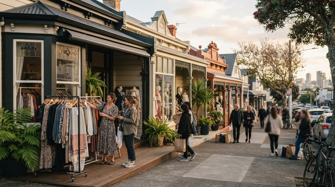 a Ponsonby Road boutique frontage with Karen Walker and Zambesi among villa-style shopfronts, shoppers browsing in late afternoon