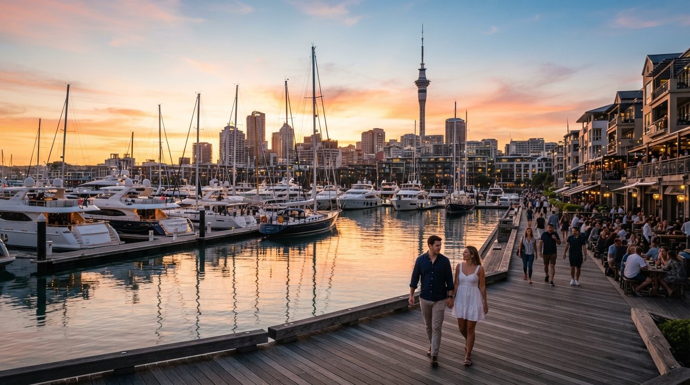 the Viaduct Harbour marina basin at golden hour, superyachts moored in a horseshoe of water with terraces and masts reflecting the sunset