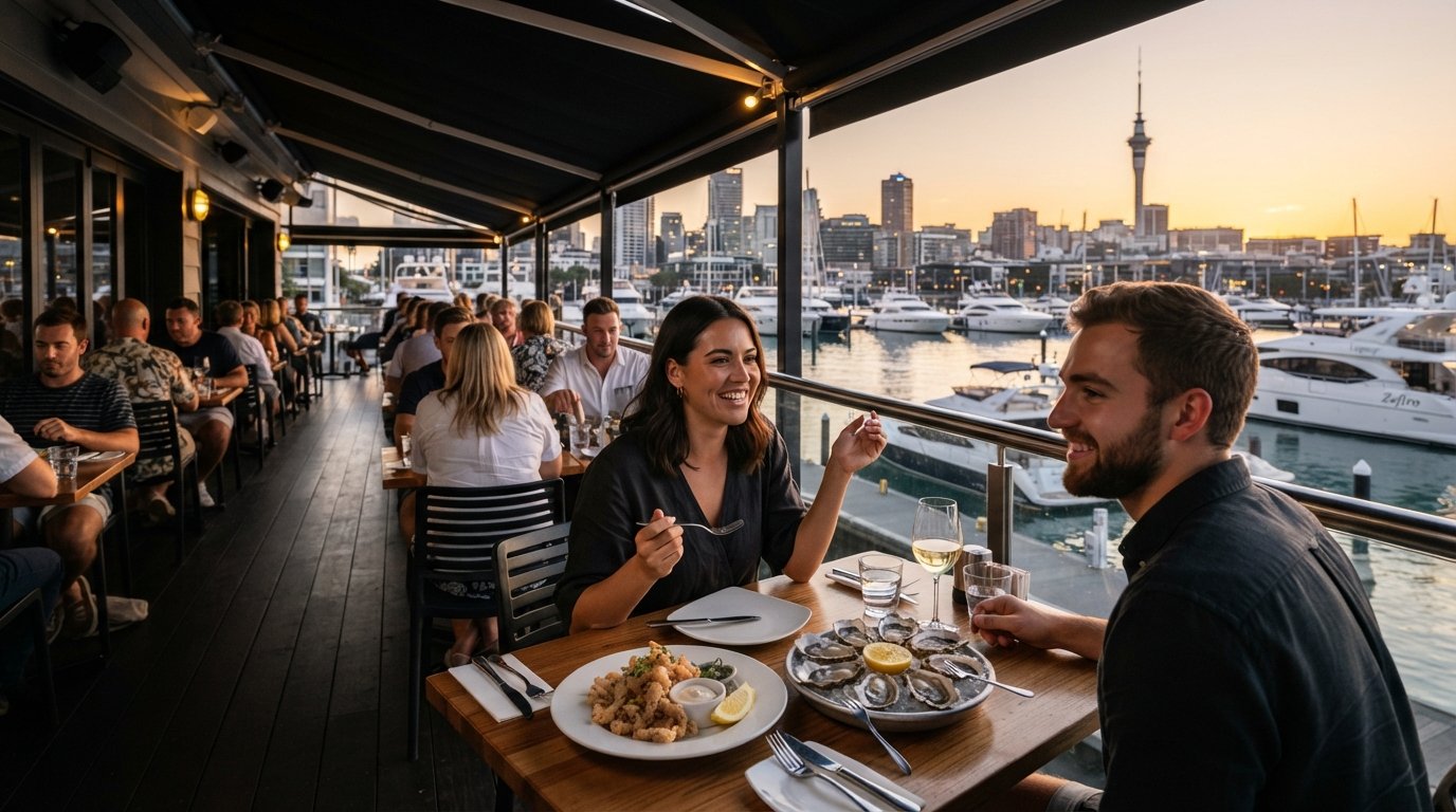 Soul Bar & Bistro’s west-facing terrace at sunset, diners under the awning looking over the marina with plates of salt-and-pepper squid and oysters