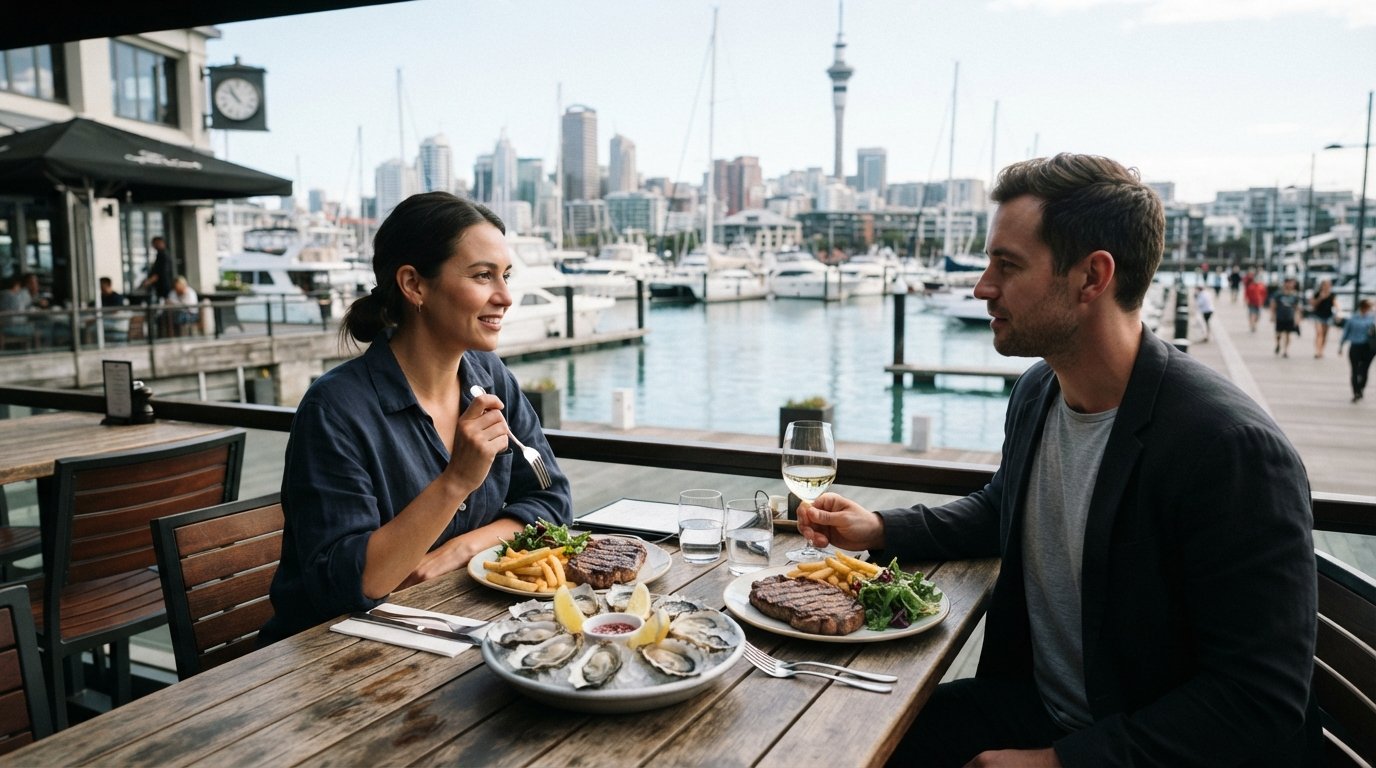 a harbour-side table at Oyster & Chop on Market Square, chilled Bluff oysters and grilled steak plates set against the marina