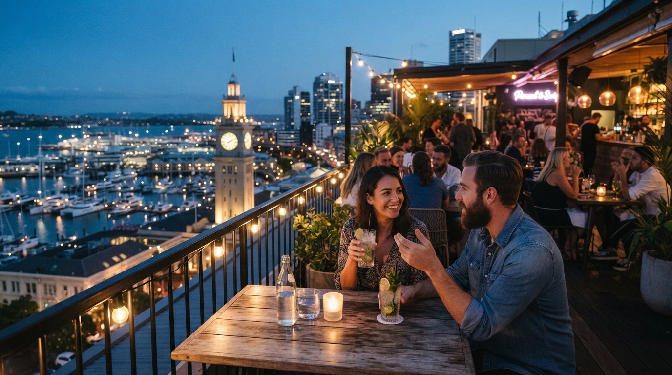 Parasol & Swing’s rooftop terrace above 204 Quay Street at dusk, cocktail glasses on tables and the marina glowing below