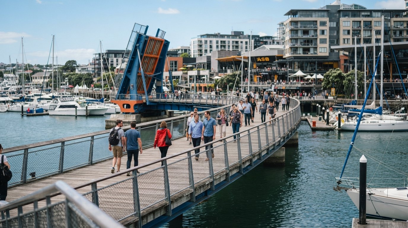the Te Wero Bridge boardwalk crossing the marina, pedestrians on the lifting footbridge with Wynyard Quarter visible beyond